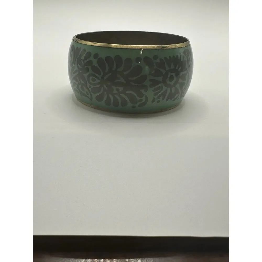 Vintage Floral Green Enamel Brass Bangle Bracelet Size 8